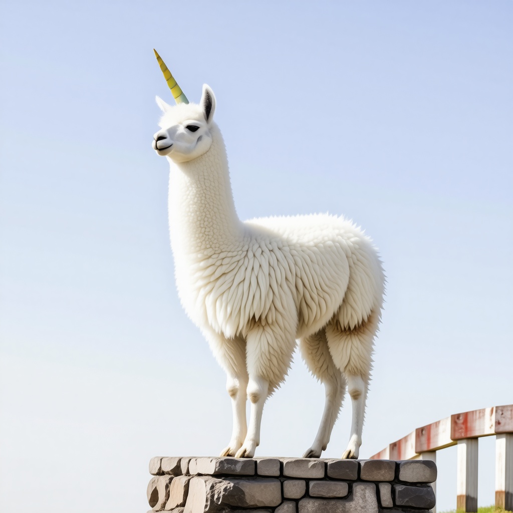 A llama with fluffy and curly white fur and a unicorn horn standing on a stone platform