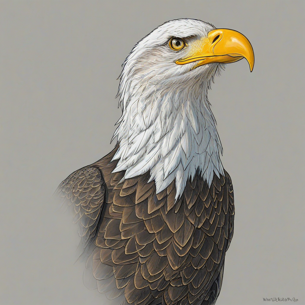Cartoon with anime influence drawing of a bald eagle with a golden beak, on a plain white background, even lighting