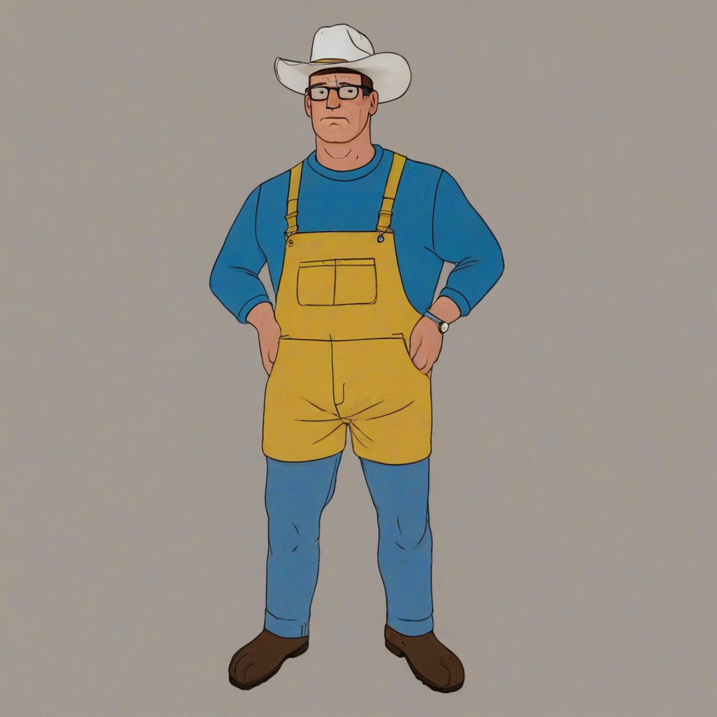 Hank Hill from King of the Hill with a yellow body, one blue overalls, a large belly, and a Texan hat, holding a propane grill on a plain white background with even lighting, looking directly at the viewer with a neutral expression.