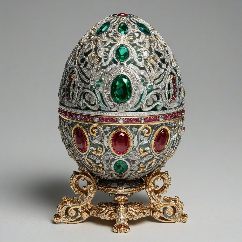 A highly detailed, ornate Fabergé egg, full-body view, with intricate gold and silver filigree, adorned with precious gems, including diamonds, rubies, and emeralds, on a plain white background, in a wide shot, with soft, warm lighting, and a slight sheen to the egg's surface, in the style of a realistic, high-end jewelry photograph, on a plain white background, even lighting