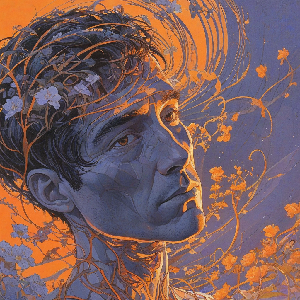 Syd Mead art style close-up of a man's face with orange spirals escaping the back of his head in a dreamlike scene surrounded by swirling, ethereal, mystical light. His head is evenly split down the middle, with gentle vines and small flowers emerging from the crack formed, with subtle, delicate petals and a soft, serene atmosphere.