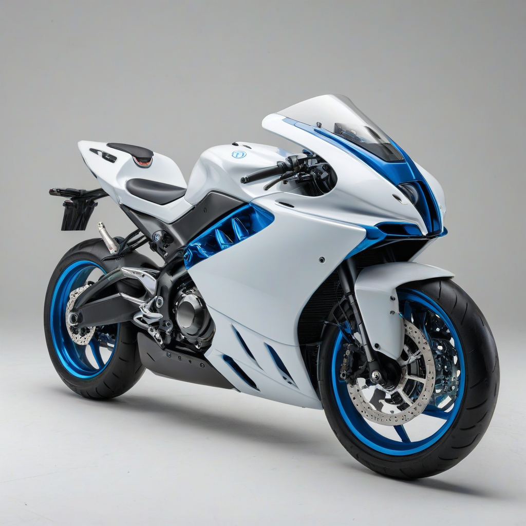 Full-body view of a sleek, azure, futuristic motorcycle on a plain white background, wide shot, realistic