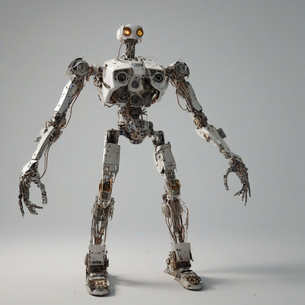 A slender robot made out of various trash and scrap parts, with a mix of metallic and plastic components, in a wide shot with a plain white background, full-body view, with visible feet and a detailed, intricate design, in a digital art style with a focus on realism and textures, with dynamic shadows and a subtle backlight, on a plain white background, even lighting 