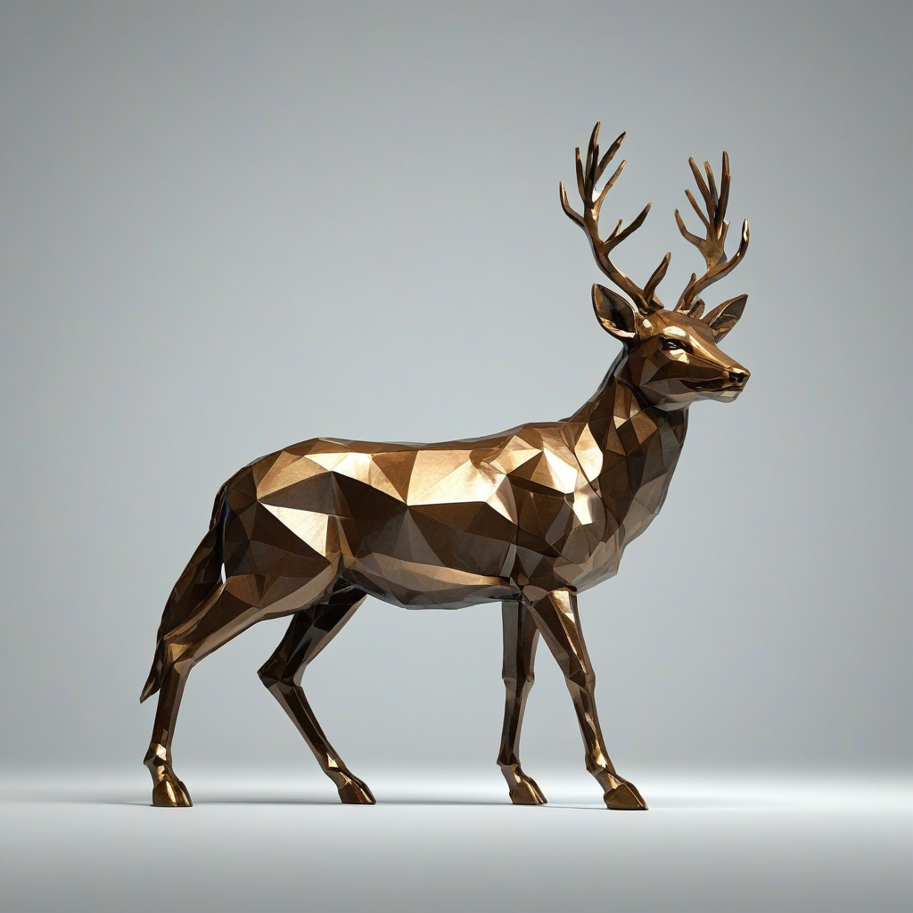 A low poly bronze animal, such as a deer or a wolf, with a metallic sheen, standing in a wide shot with its feet visible, on a plain white background, with a subtle gradient of light to dark bronze color, and a sense of texture and simplicity, in a digital art style with clean lines and minimal details, on a plain white background, even lighting