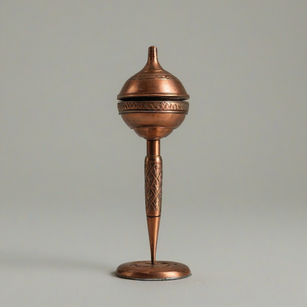 A vintage metal spinning top toy, full-body view, on a plain white background, with a wide shot, intricate details, and a warm, nostalgic color palette, made of copper with a subtle patina, and a rounded, symmetrical shape, with a small handle on top, and a smooth, reflective surface, in the style of a classic, vintage illustration, on a plain white background, even lighting 
