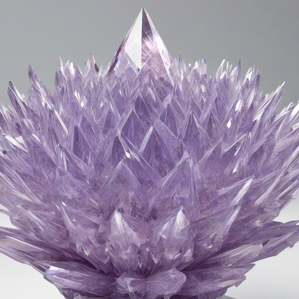 A large, intricate crystal formation with a predominantly lavender hue, rendered in a hyperrealistic style, with precise details and subtle reflections, set against a plain white background, in a wide shot with the entire formation visible, including the base and any surrounding crystalline structures, with soft, diffused lighting that accentuates the crystal's facets and geometry, on a plain white background, even lighting