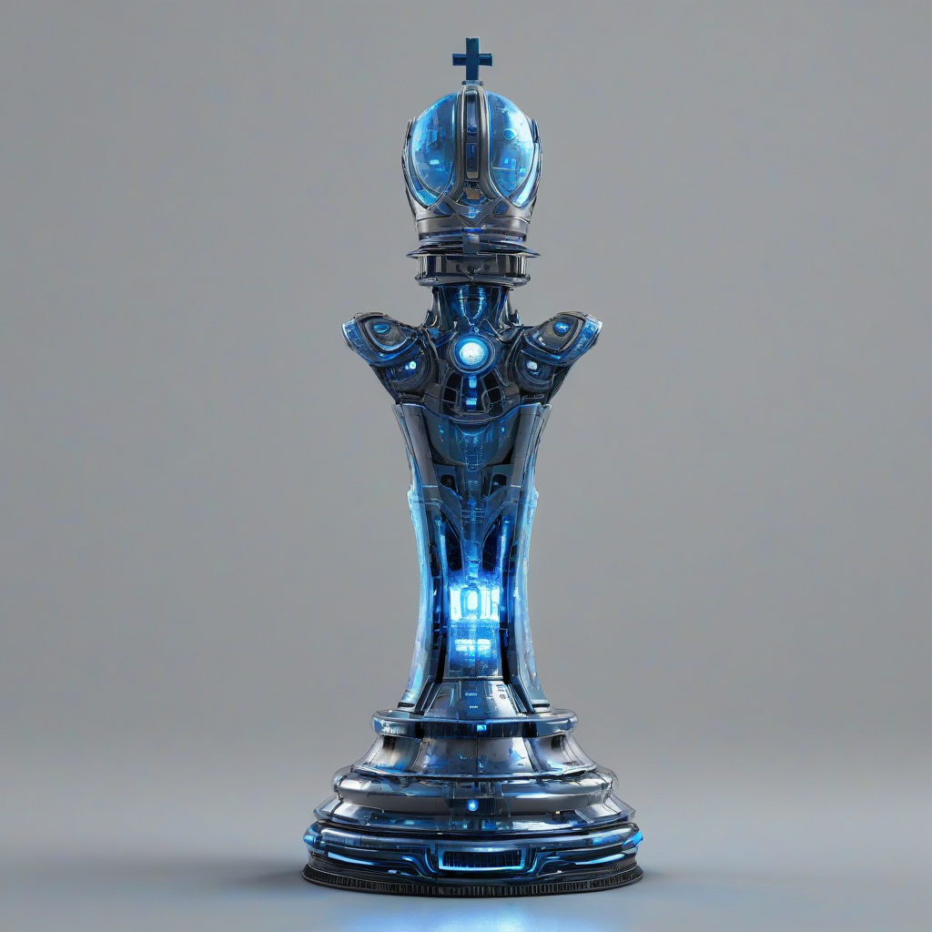 A highly detailed, full-body view of a bishop chess piece, with a futuristic metallic body, glowing blue circuits, and a regal mitre on its head, standing on a plain white background, in a wide shot, with its feet visible, in a digital art style with dynamic shadows and a hard rim light, on a plain white background