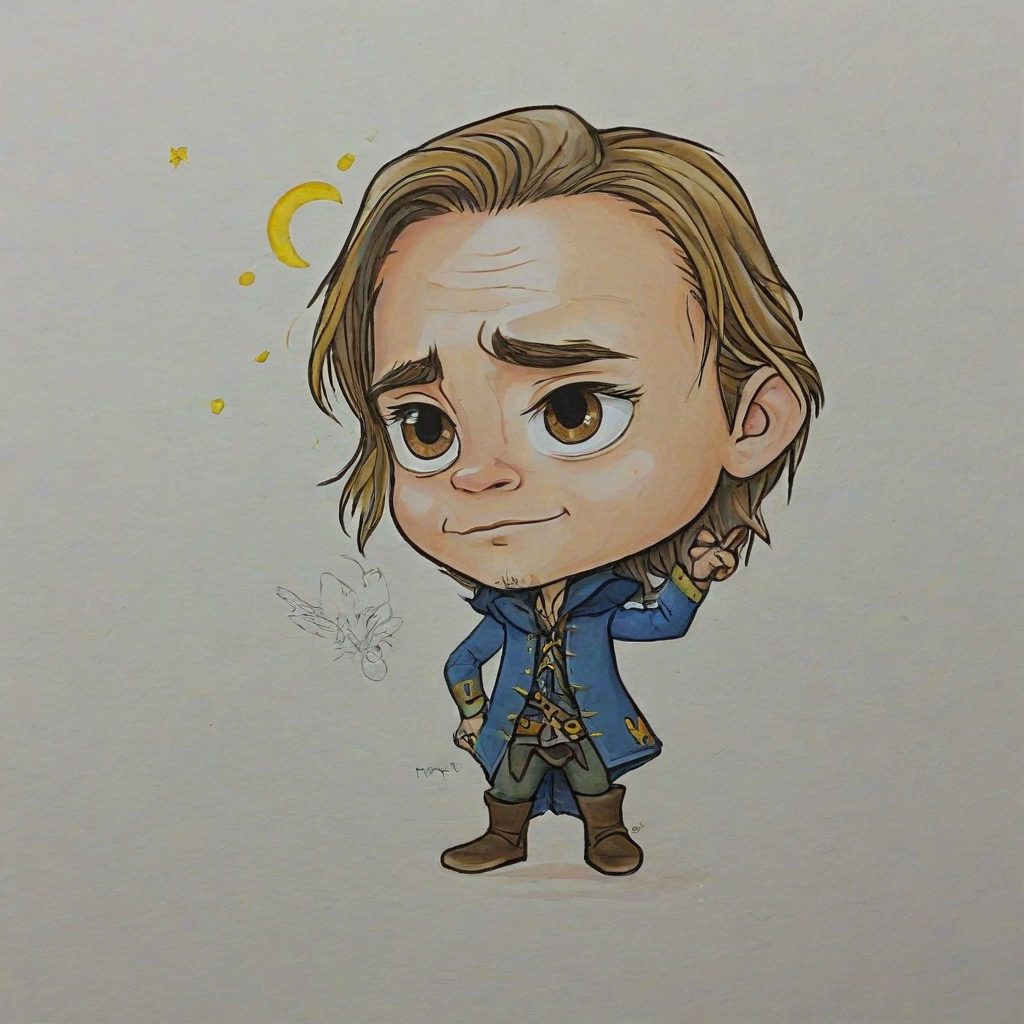 Chibi hand-drawn, Rumpelstiltskin, on a plain white background, even lighting