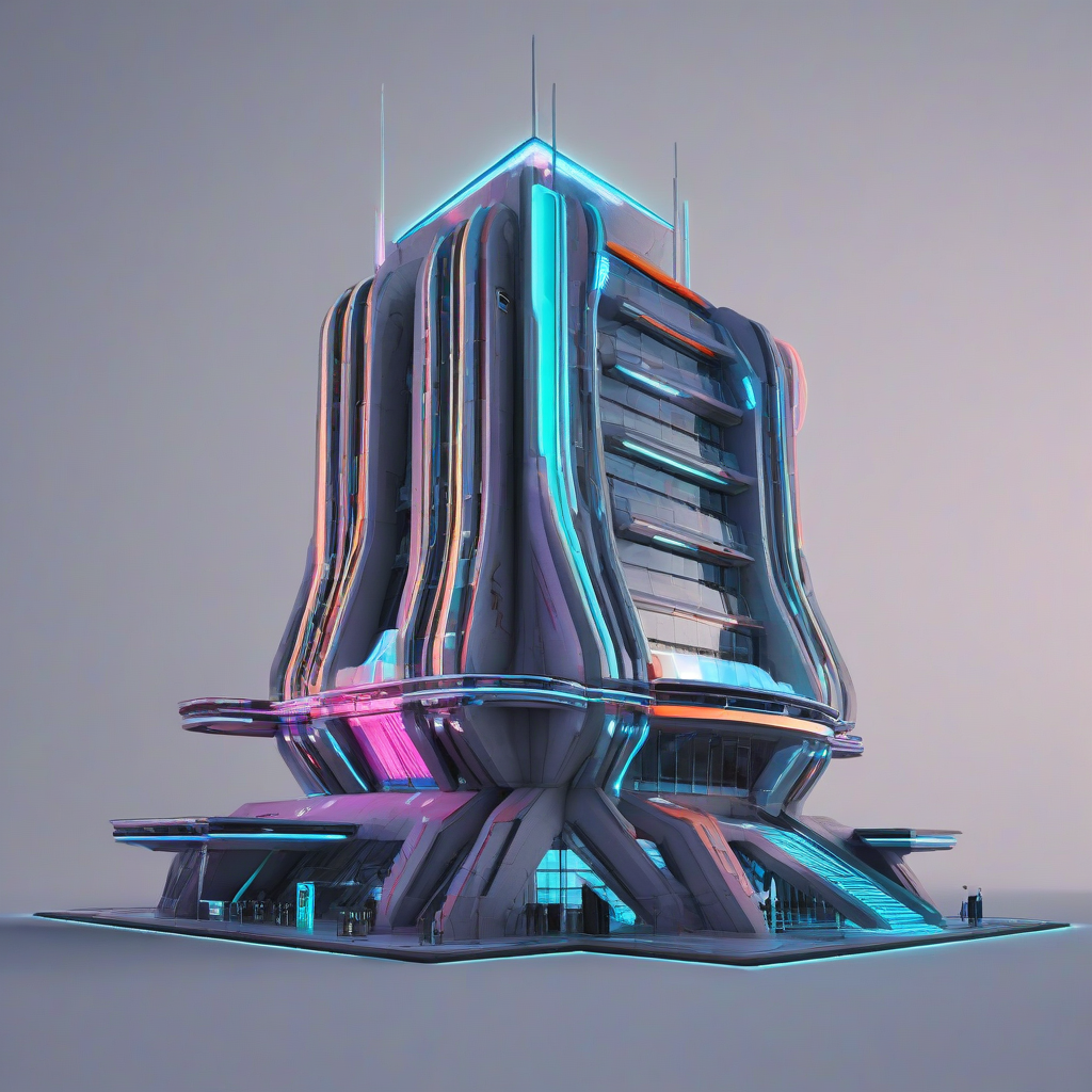A sleek, futuristic sci-fi building with a metallic and glass exterior, illuminated by neon lights, set against a plain white background, with a wide-angle shot, showcasing the building's unique architecture and design, in a digital art style with vibrant colors and sharp lines, full-body view of the building with its base and top visible, with a sense of depth and dimensionality, on a plain white background, even lighting, on a plain white background, even lighting 