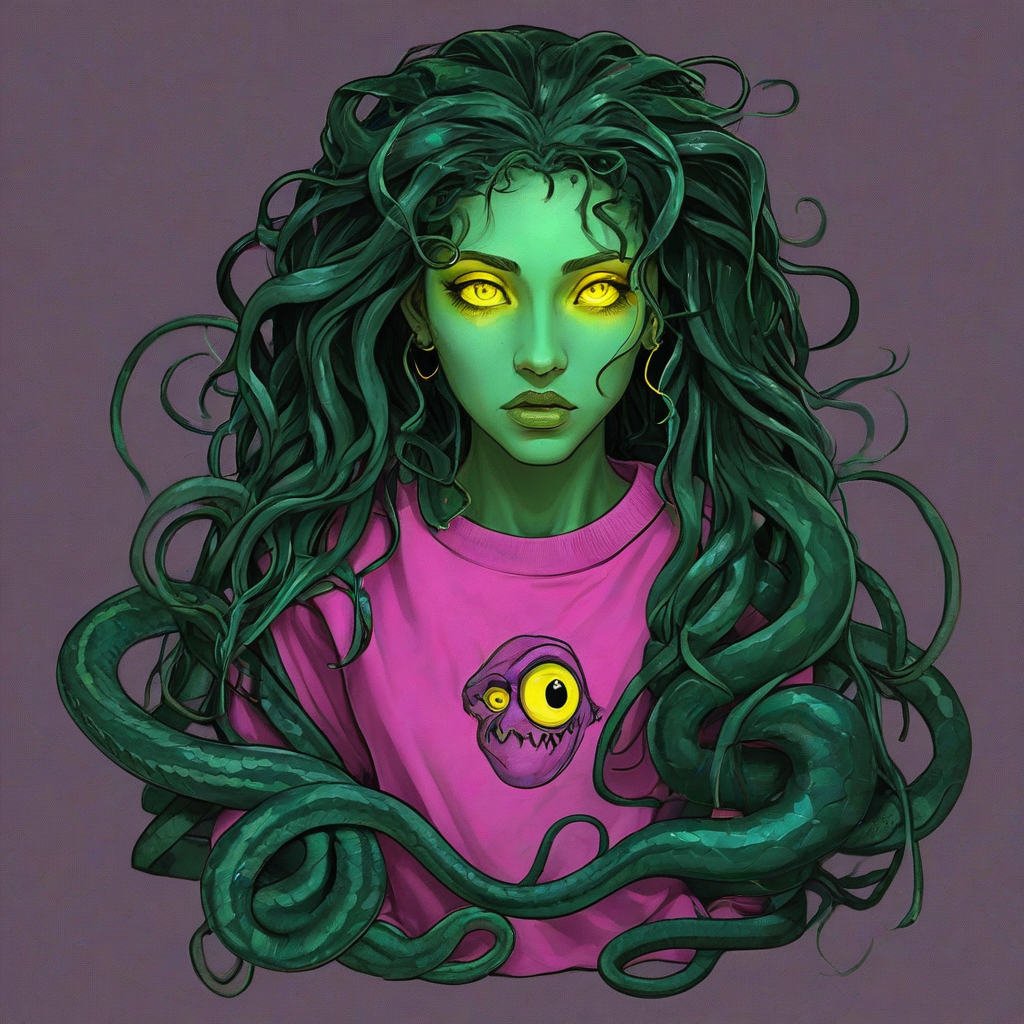 Digital art Medusa, dark green snake hair, large yellow glowing eyes, baggy pink sweatshirt
