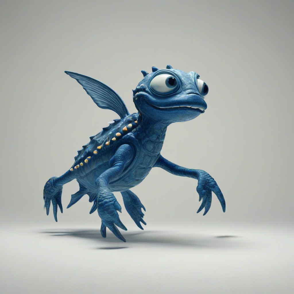 A full-body view of a friendly, cartoon-style underwater creature, with a predominantly indigo body, set against a plain white background, with a wide-angle shot and soft, warm lighting, in the style of a cartoon illustration, on a plain white background, even lighting
