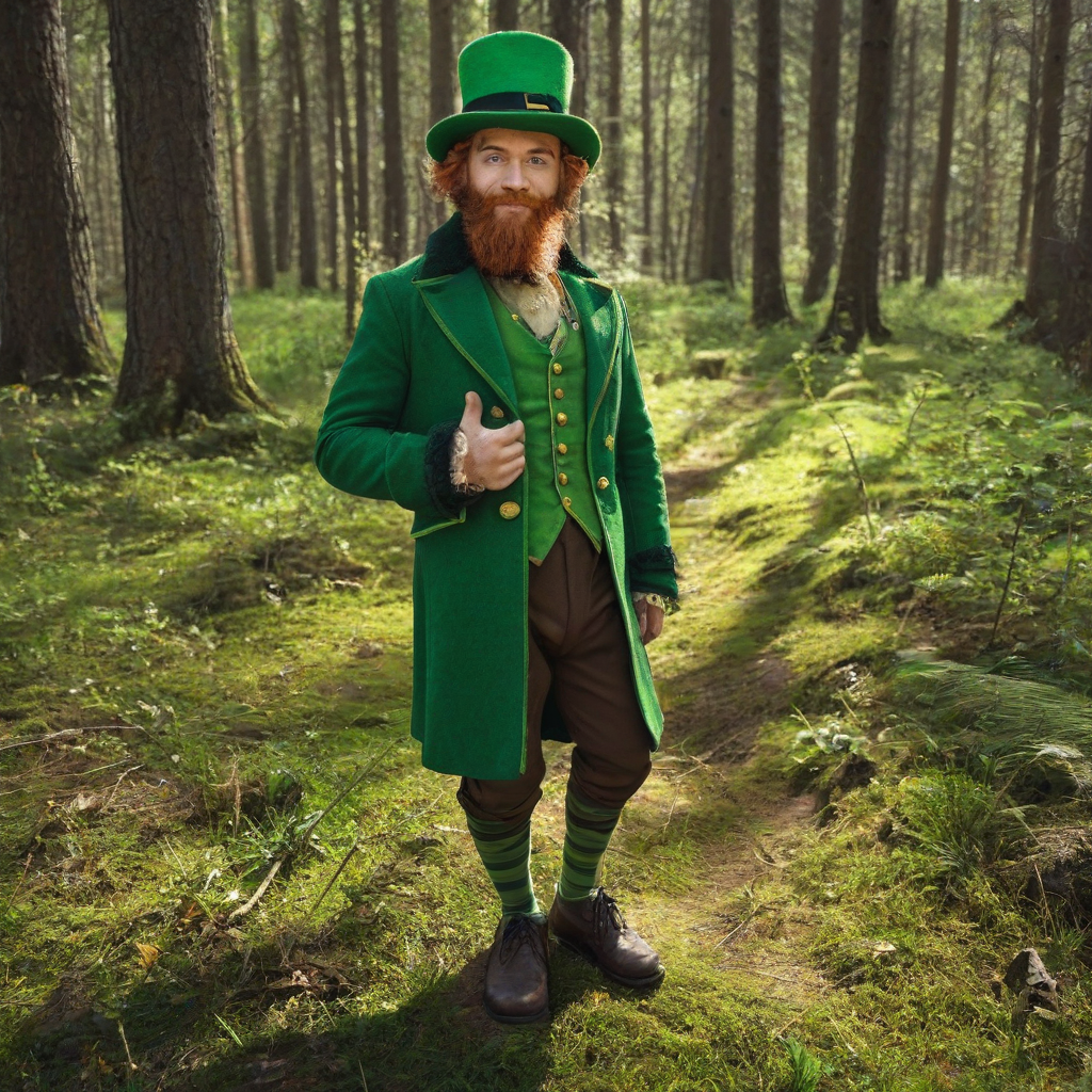 A full-body view of a small, bearded leprechaun wearing a green coat and hat, standing in the forest with a wide-angle shot, in a digital art style with vibrant colors and dynamic shadows, with the leprechaun's feet visible, with a focus on the leprechaun's facial expression and body language, with intricate details on the coat and hat, and a sense of depth in the forest background