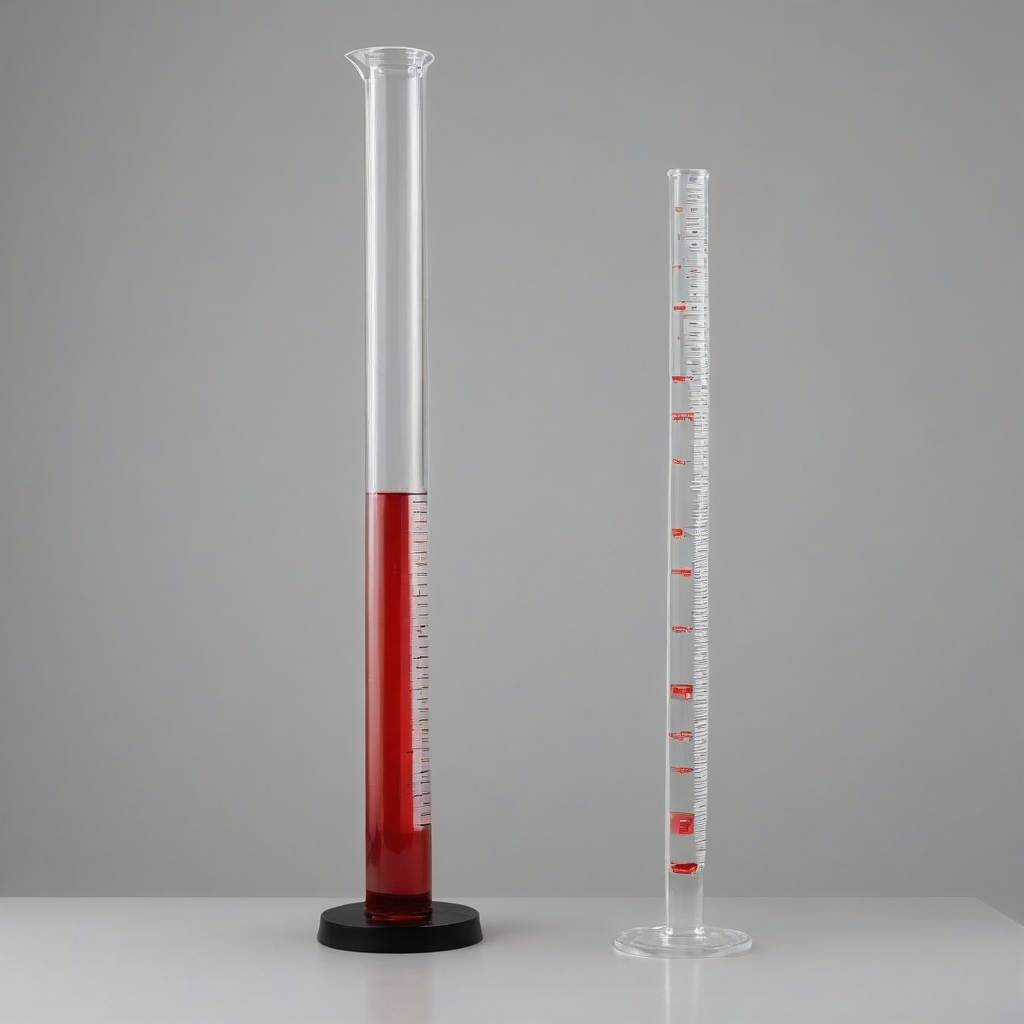 clear glass graduated cylinder with red liquid inside, full-body view, on a plain white background, on a plain white background, even lighting 