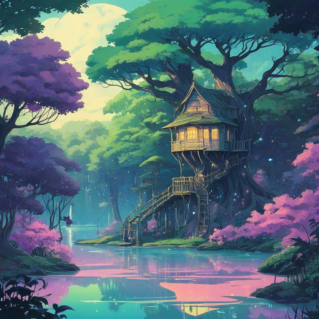 Anime magical lake, soft colored silhouettes, green purple blue white, magic treehouse in background