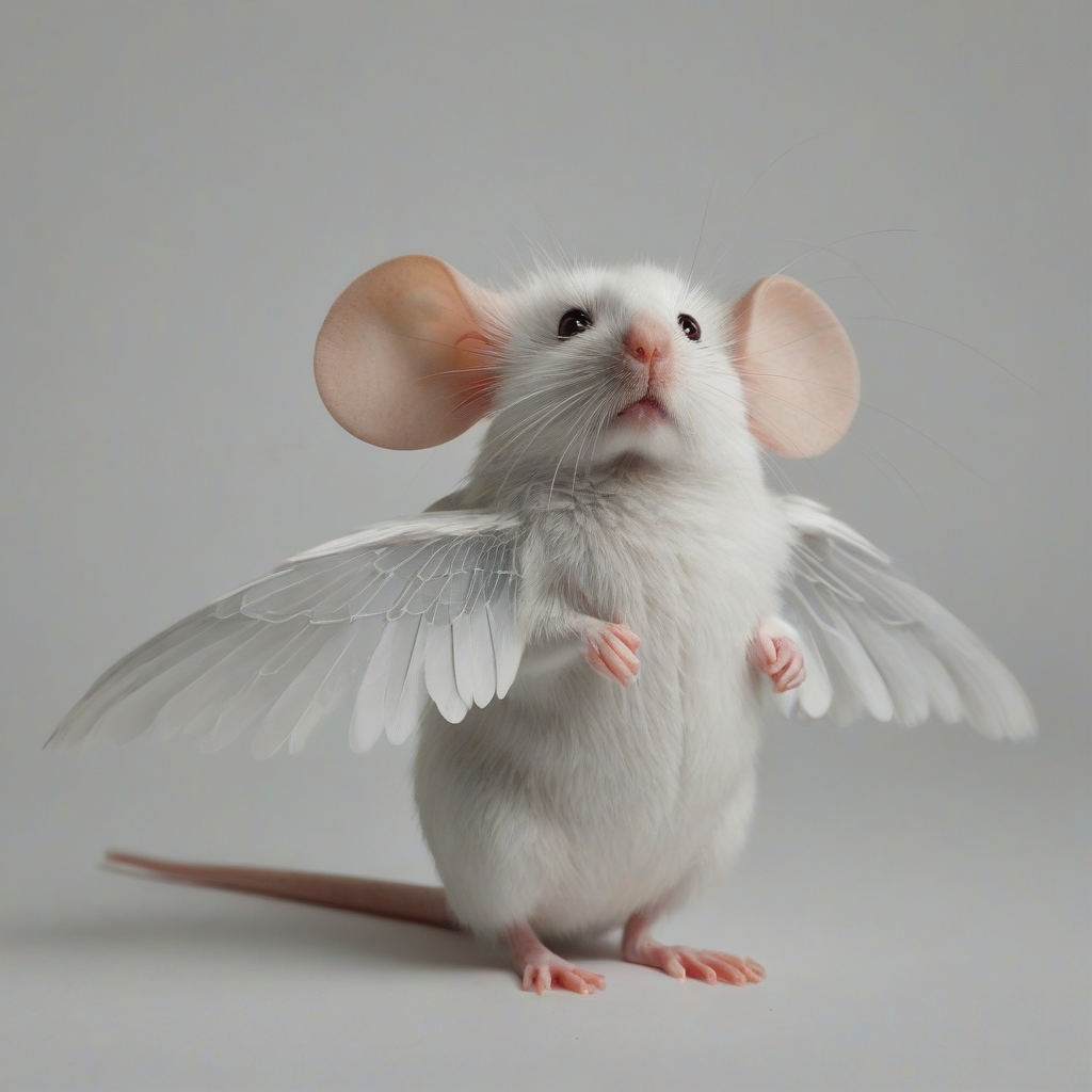 mouse with white bird wings, on a plain white background, even lighting 