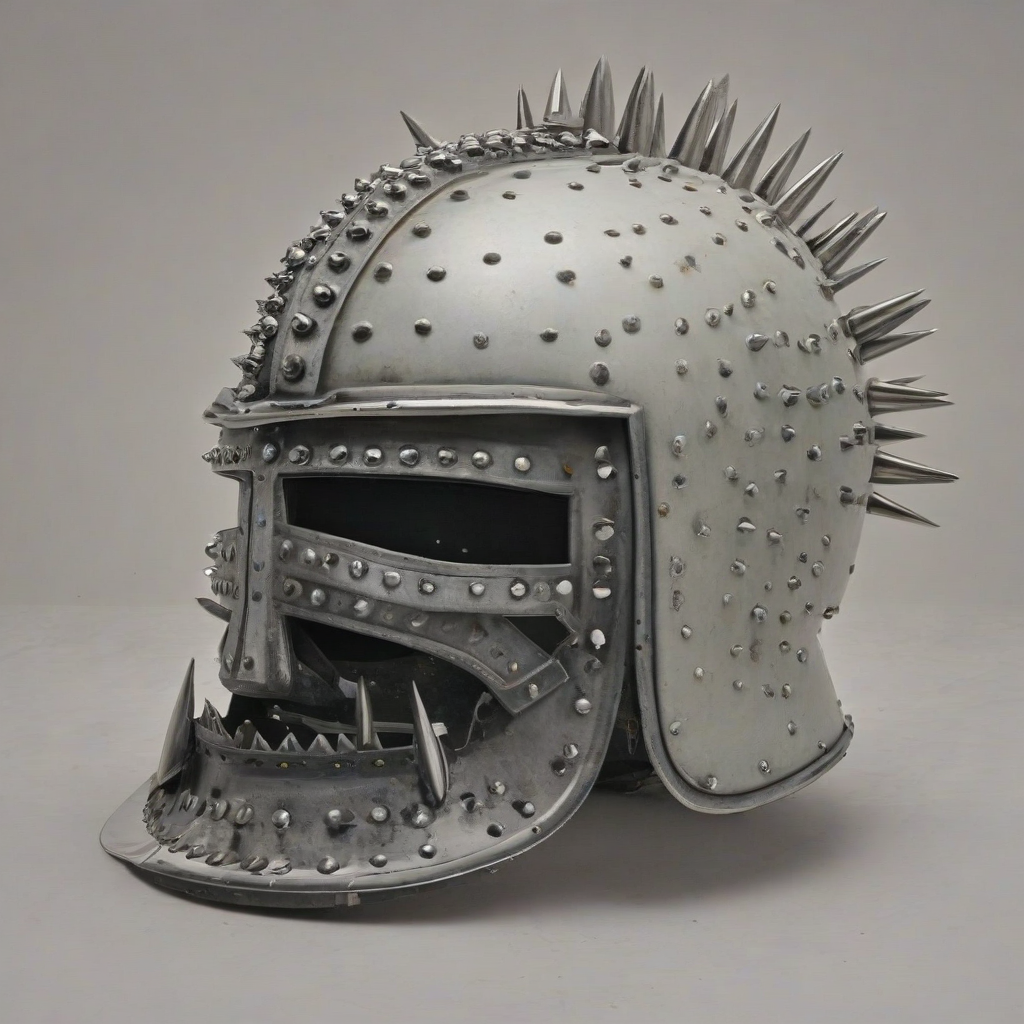 half shelled metal helmet with studs and spikes on the top of the helmet, on a plain white background, even lighting