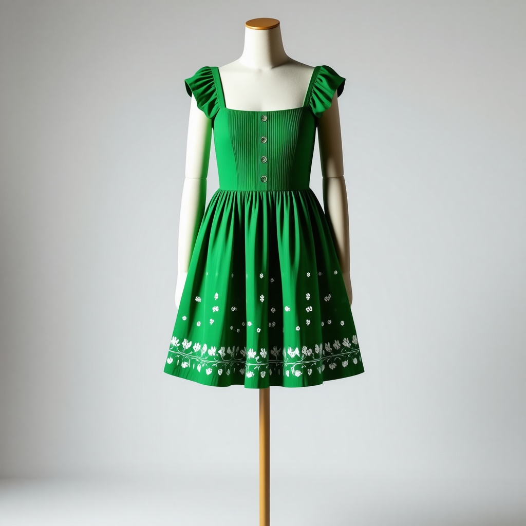 A dress mannequin wearing a green summer dress with vine patterns on the skirt part