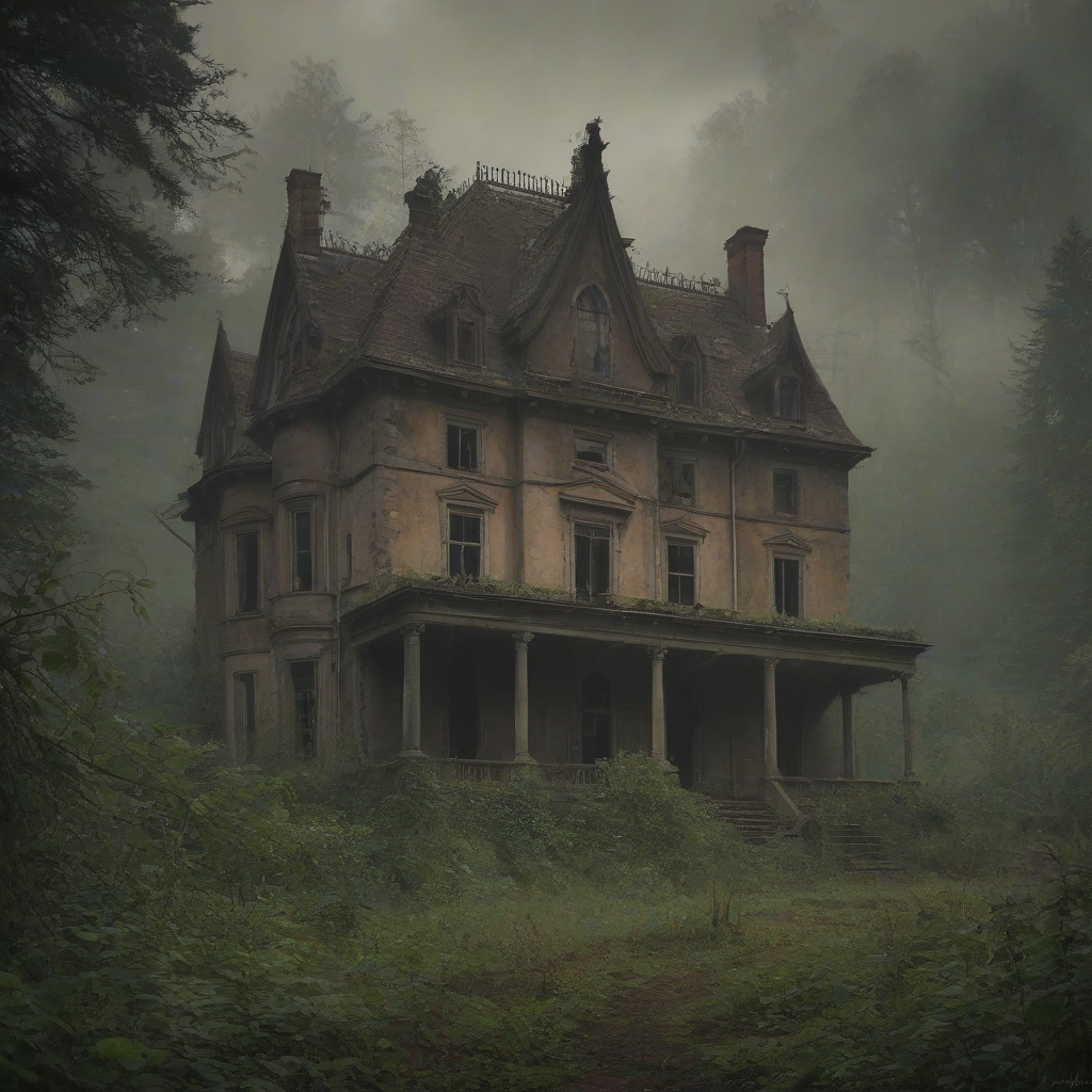 A grand, abandoned mansion with overgrown gardens and a crumbling facade, surrounded by dense woods with tall trees and winding vines, in a wide shot with a misty atmosphere, in the style of a digital painting with warm, muted colors and soft lighting