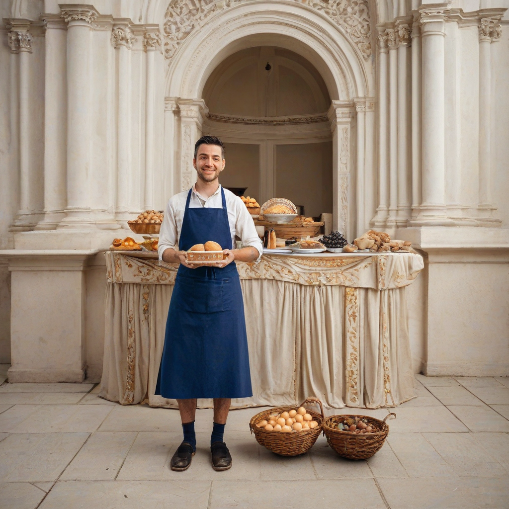 A street vendor, wearing a Navy blue apron, set against a Renaissance-style backdrop, with a wide-angle shot, full-body view, and feet visible, on a plain white background, with soft, natural lighting, and a hint of warm, golden tones, reminiscent of 16th-century Italian market scenes