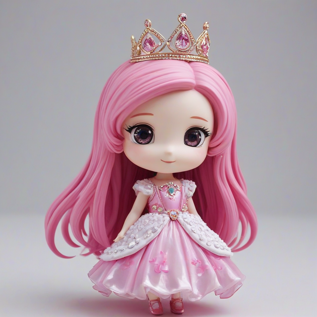 chibi style anime, pink haired, princess with long pink hair, pink jewel crown and pink dress, on a plain white background, even lighting