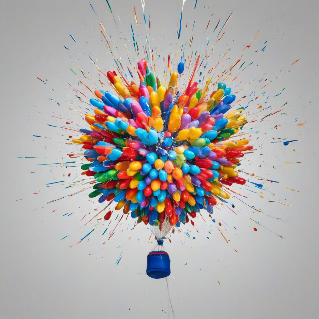 vibrant colorful balloon exploding in mid-air, full-body view, on white background