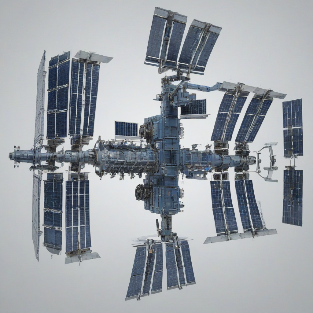 A space station in a wide shot, with a steel blue color palette, grunge style, on a plain white background, full-body view of the space station with visible engines and solar panels, dramatic lighting with dynamic shadows, and a sense of industrial texture, on a plain white background, even lighting 