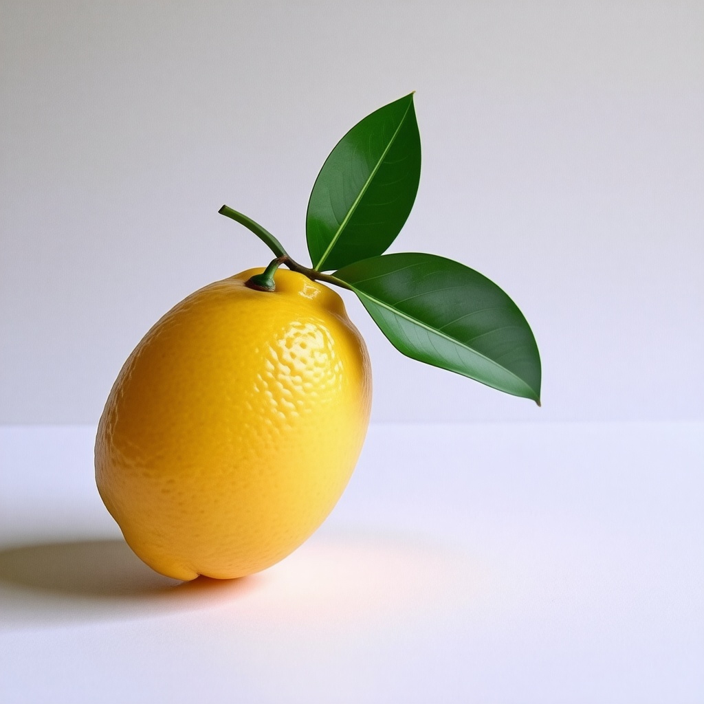 lemon with part of the stem and a leaf attached