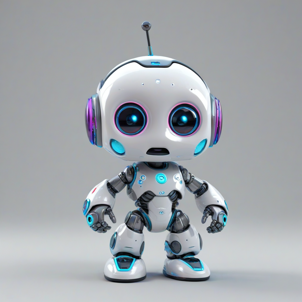 3D cartoon animation of a baby robot, bright and vivid colors, large eyes, short body, round features, cute, happy expression on its face, on a plain white background, even lighting