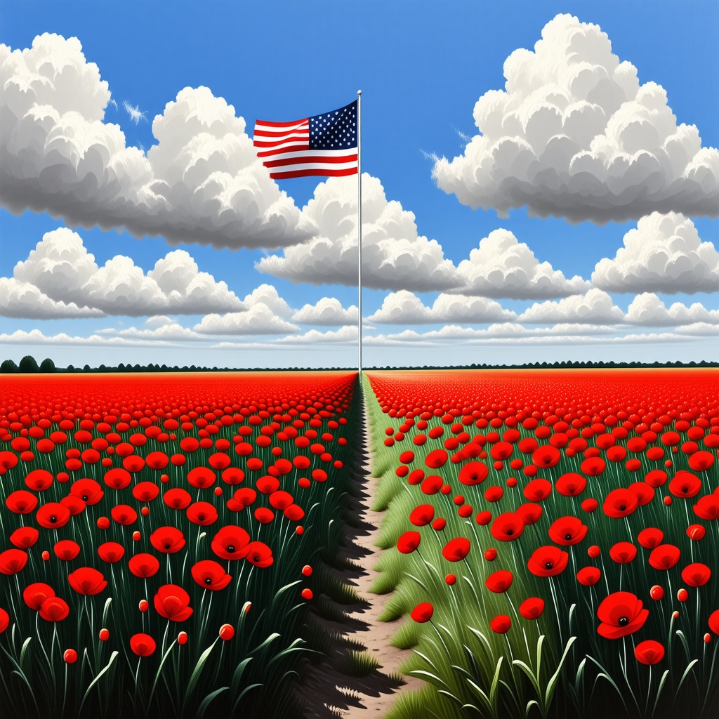 A full-body view of a tall pole with a waving American flag attached to the top, standing upright in a field of vibrant red poppies that are swaying gently in the breeze, under a clear blue sky with a few puffy white clouds, on a plain white background, in a digital art style with bold brushstrokes and vivid colors
