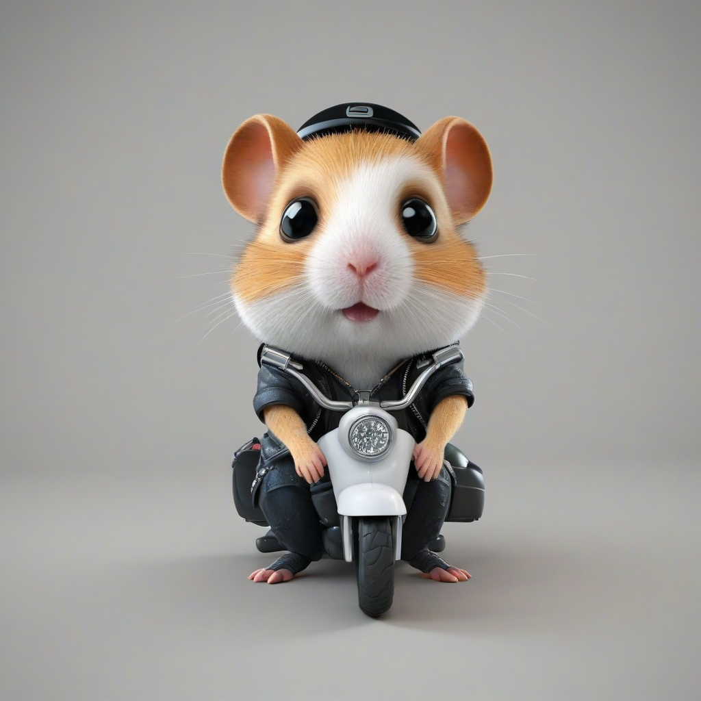 3d cartoon animation, cute hamster, dressed like a biker, with big eyes, rounded features, short body, tiny nose, tiny feet, vivid colors, wide angle shot, feet visible, on a plain white background, even lighting
