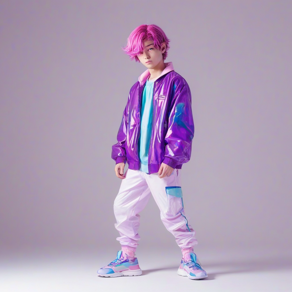 A chibi anime man, Plum, with a vibrant, pastel-colored vaporwave aesthetic, wearing a sleek, high-tech outfit, set against a plain white background, with a soft, dreamy lighting effect and dynamic shadows, in a wide-angle shot with his feet visible, in the style of a digital illustration with bold lines and bright colors, on a plain white background., on a plain white background, even lighting