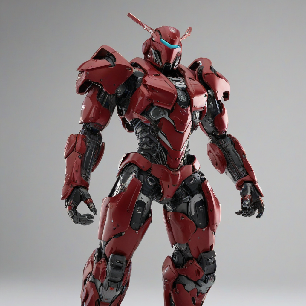 A full-body view of a sleek, red mech suit with a metallic finish, standing on a plain white background, with a wide-angle shot and dynamic shadows, in a digital art style with a focus on intricate details and textures, with the mech suit's armor plating and joints clearly visible, and a sense of depth and dimensionality