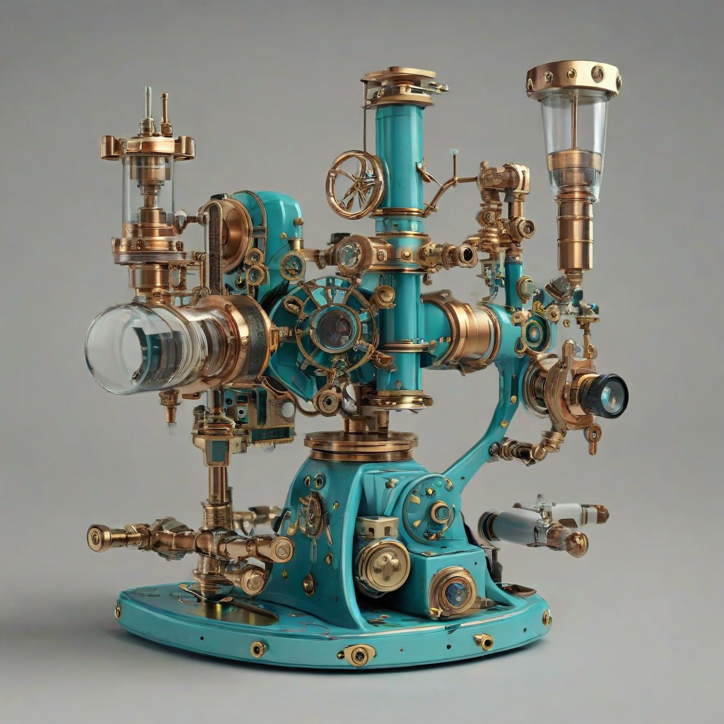 A intricately detailed, full-body view of a steampunk-themed, cyan-colored microscope, with brass fixtures and copper wiring, set against a plain white background, with a wide-angle shot showcasing the equipment's complex mechanisms and components, in a digital art style with dynamic shadows and backlighting, on a plain white background, even lighting