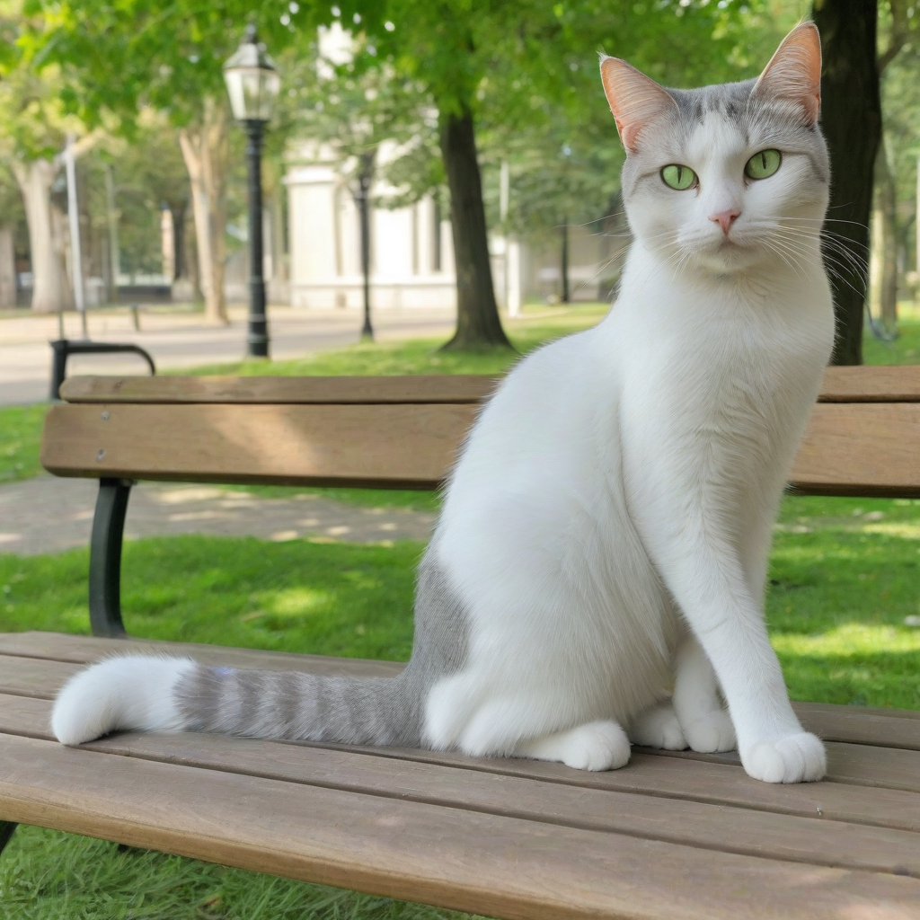 A full-body view of a grey and white cat, with bright green eyes, sitting on a bench in a park, in a wide shot, with its fur fluffy and well-groomed, in a digital art style, with soft lighting and subtle shadows
