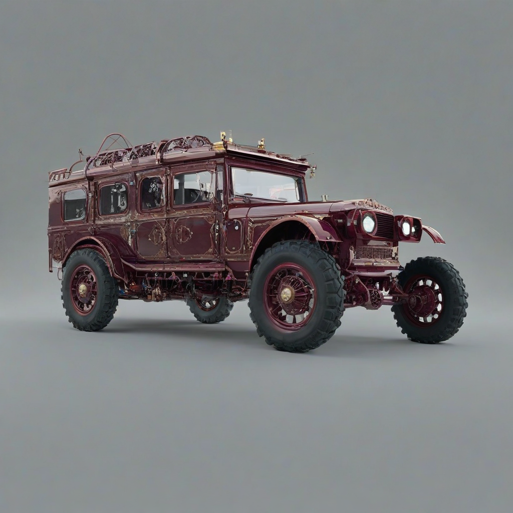 A full-body view of a burgundy rover with intricate gothic details, set against a plain white background, with a wide-angle shot, and dynamic shadows, in a digital art style with a mix of medieval and futuristic elements, with the rover's wheels and machinery visible, and a sense of adventure and exploration in the scene, on a plain white background, even lighting
