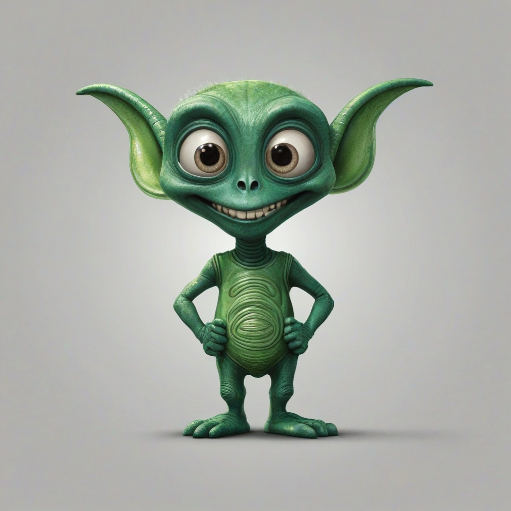 hand-drawn cartoon of alien with a smile, big eyes, happy expression, bright, even lighting, on a plain white background, on a plain white background, even lighting