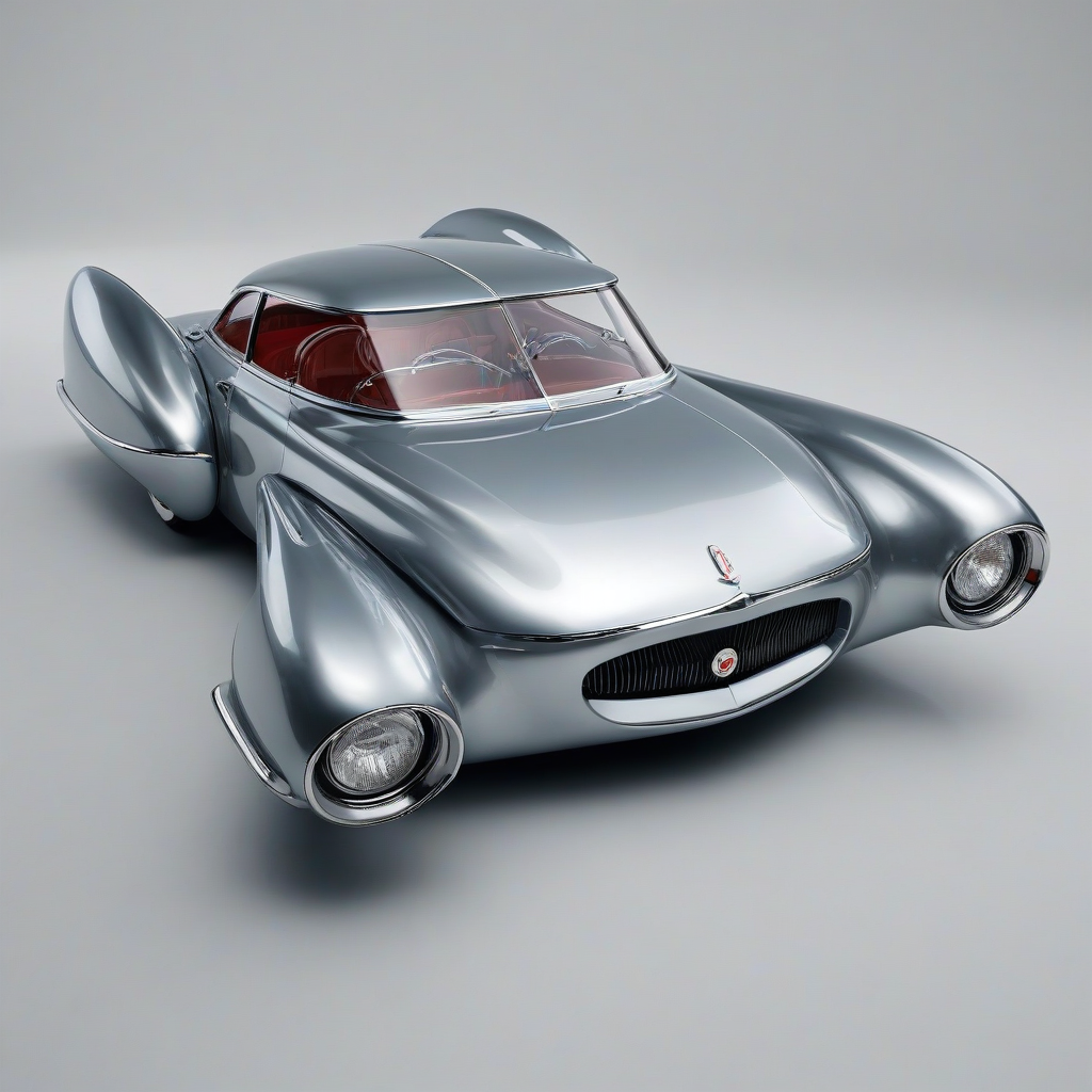 A sleek, silver, retro-futuristic transportation device, reminiscent of a 1950s concept car, with bold, bright, pop art colors, in a wide shot, with the entire device visible, including wheels and headlights, on a plain white background, even lighting
