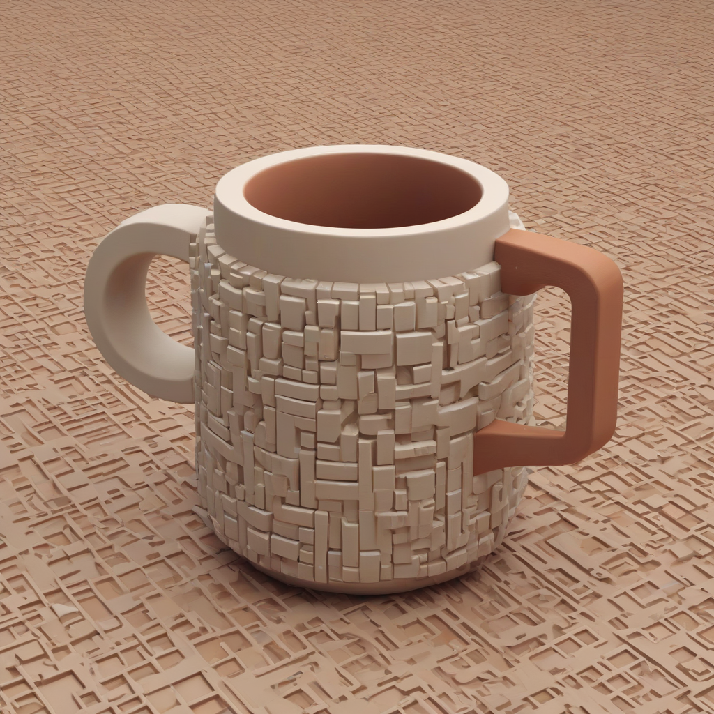 Stylized voxel art of a chunky, cylindrical clay mug. Blocky construction with a thick handle and clear voxel grid aesthetic. Matte, slightly rough ceramic texture with subtle hand-crafted imperfections. Body in a gradient of warm terracotta to light sand. Rendered with soft shadows in an isometric perspective, toy-like and inviting., on a plain white background, even lighting