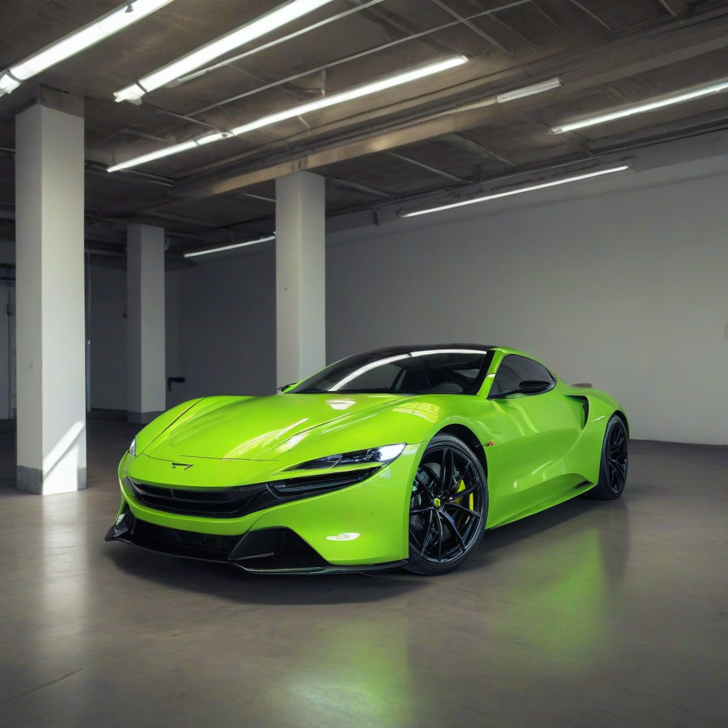 A full-body view of a sleek, lime green sports car with a shiny finish, in a parking garage, with a wide-angle shot and dynamic shadows, in a digital art style with bold lines and vibrant colors