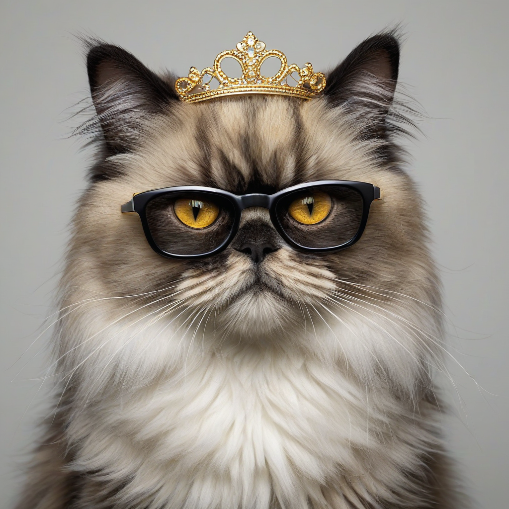 Tortoiseshell Persian cat, fuzzy, black, beige, and white fur, yellow eyes, trendy sunglasses, sparkly tiara, plain white background, digital illustration, on a plain white background, even lighting