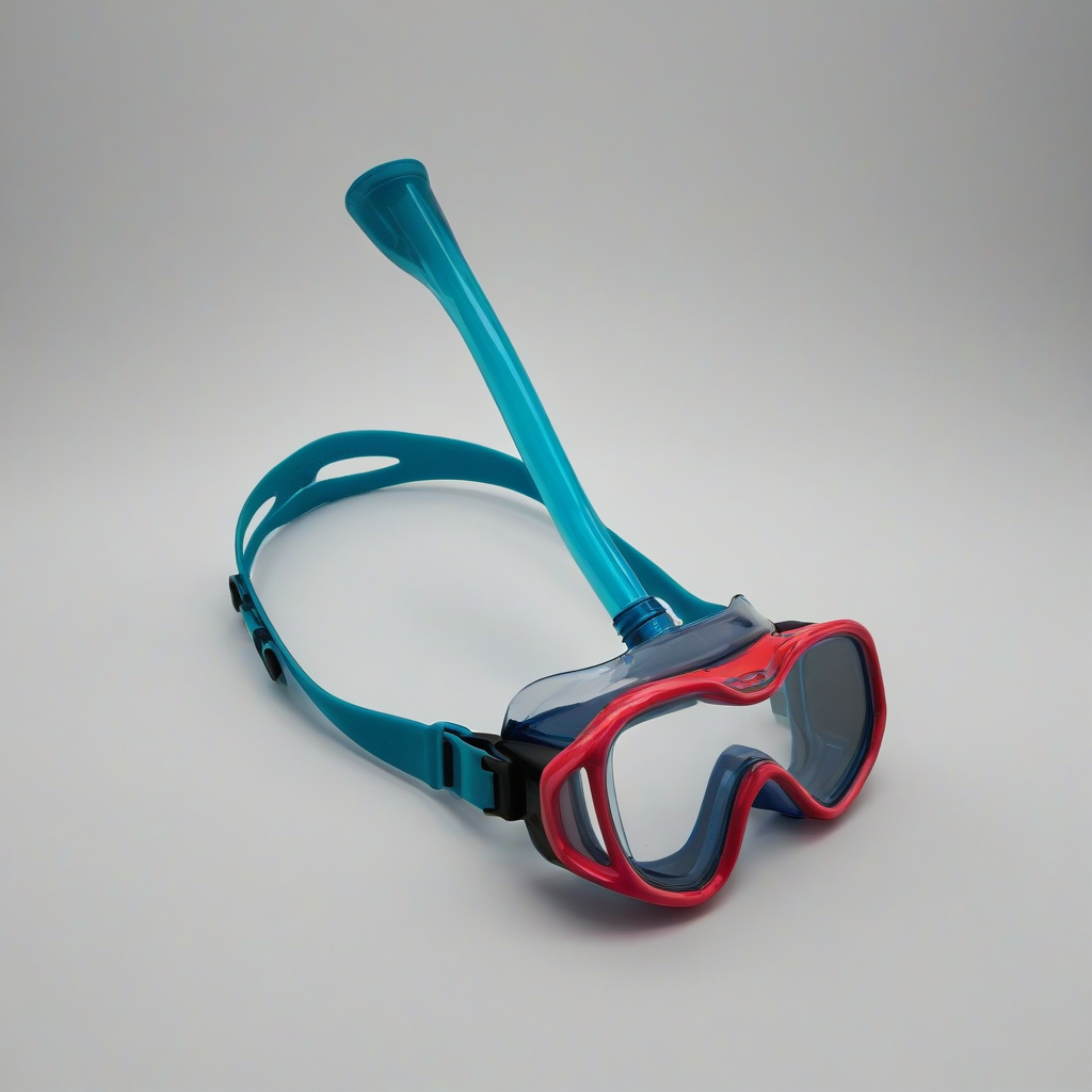 swimming goggles with snorkel, only thing in the image, wide angle shot, on a plain white background, even lighting