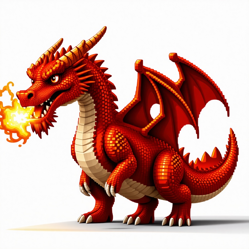 A full-body view of a colorful 8-bit pixelated dragon with a fiery breath, standing on a plain white background, in a wide shot, with visible feet and claws, in the style of classic video games, with a low-resolution pixel art aesthetic and a nostalgic feel