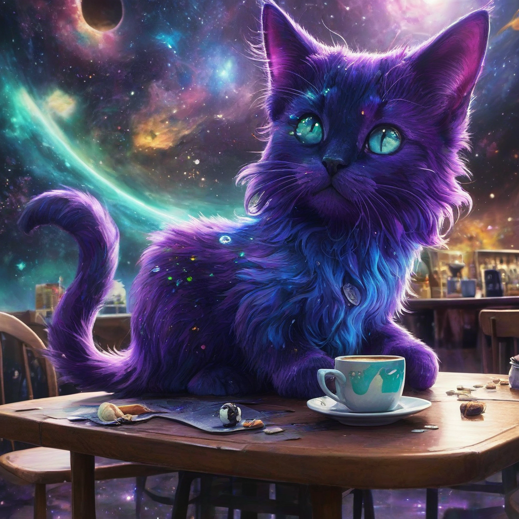A full-body view of a galaxy cat, with vibrant purple and blue fur, in outer space, in an anime style, with a wide-angle shot, and dynamic shadows, with a mix of digital art and watercolor painting styles, the cat is in a galactic coffee shop, laying on a table with a green alien with large ears petting the cat