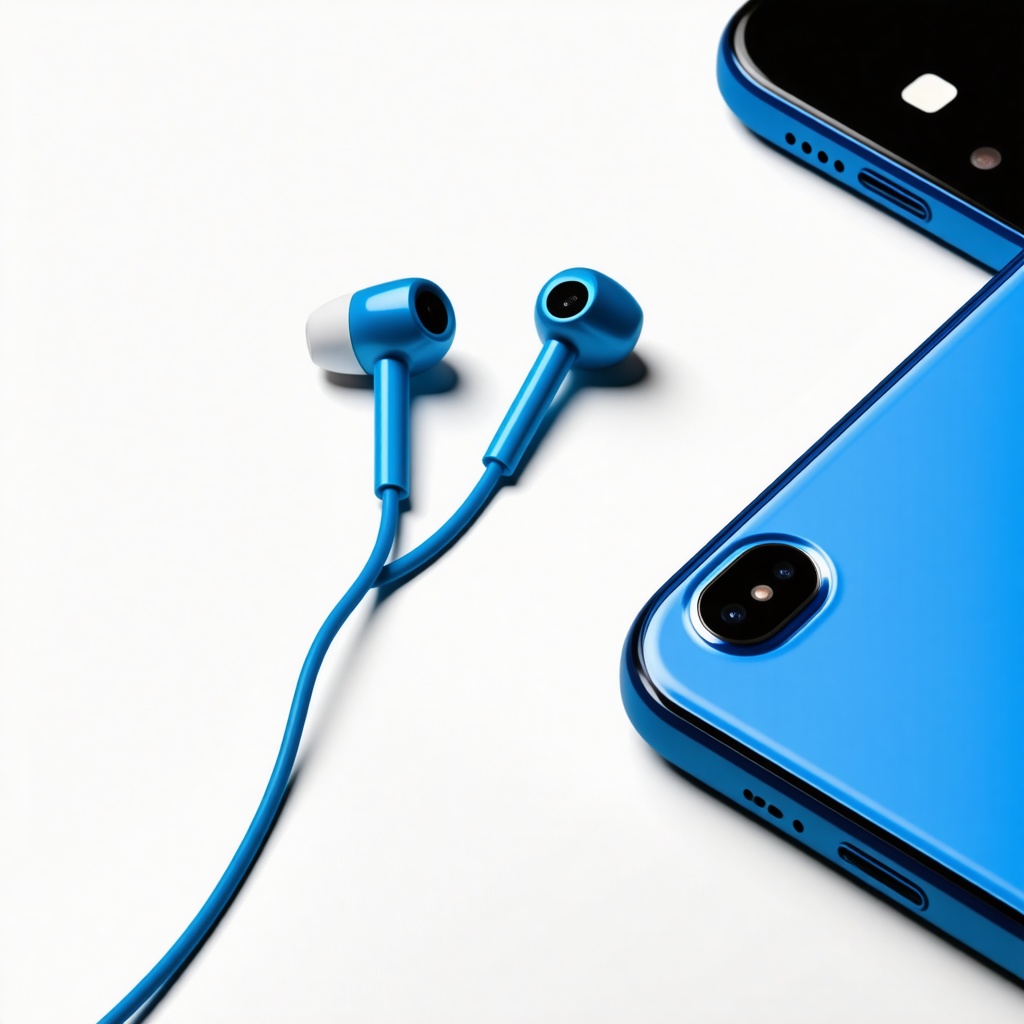 A pair of electric blue corded ear buds plugged into a cellphone with a blue phone case