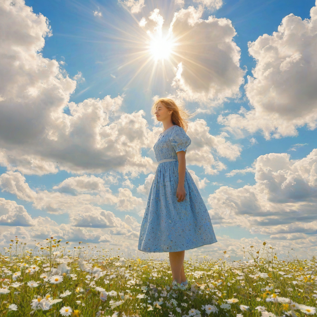 Neo-impressionism girl standing in a field of flowers, blue sky, fluffy white clouds, sun shining through clouds, full-body view, plain white background