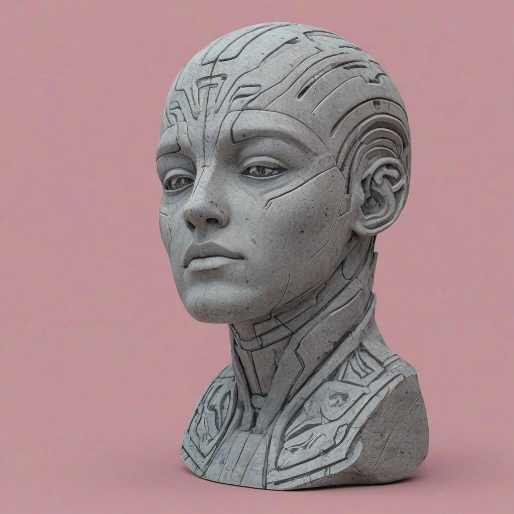Digital art style statue of a head, sci-fi themed etchings in the stone, eyes half open, neutral expression, light grey stone color, on a plain pink background, bright and even lighting