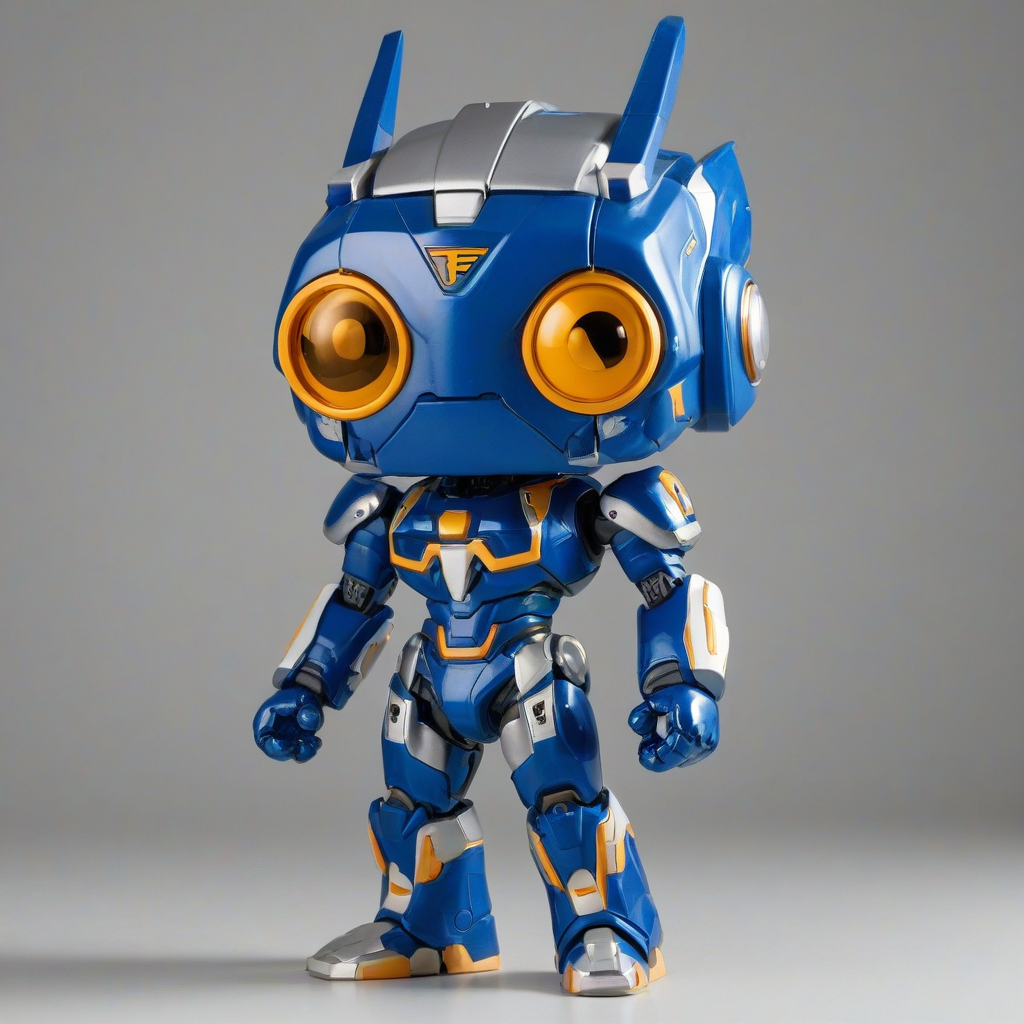 a blue mecha suit, funko pop style, with an enlarged head, on a plain white background, even lighting