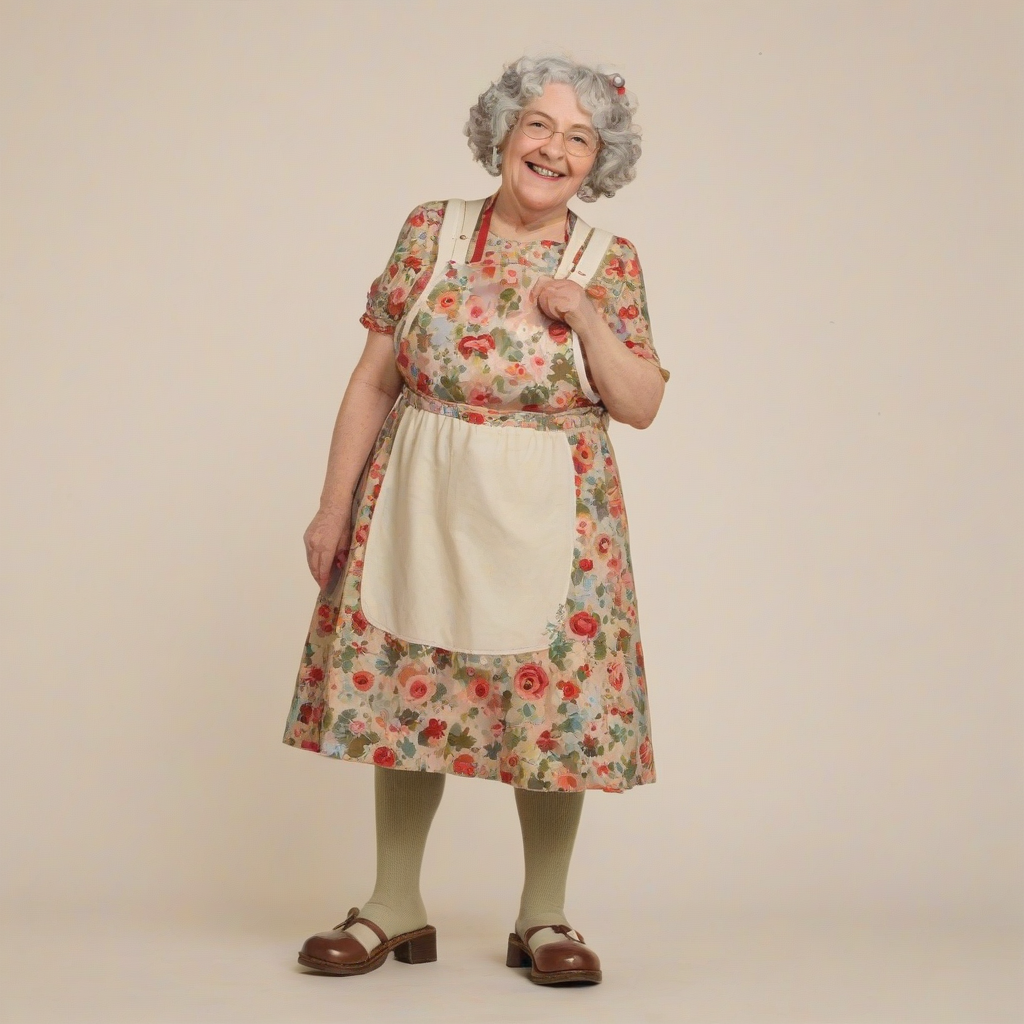 A little old lady with curly grey hair, wearing a floral dress and apron, standing in front of a giant shoe, with a warm smile, in a full-body view, on a plain white background, in a whimsical illustration style, with soft lighting and gentle shadows