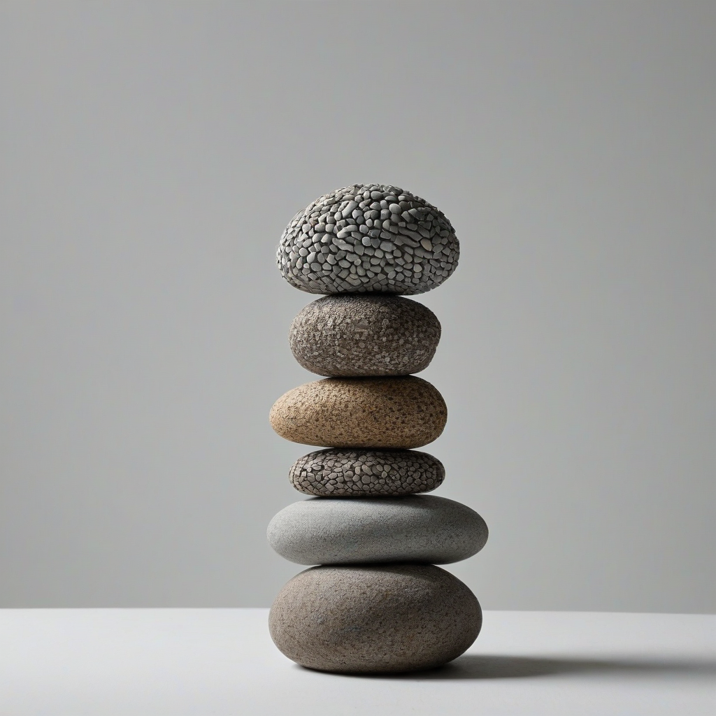 statue made from rounded river rocks, on a plain white background, even lighting