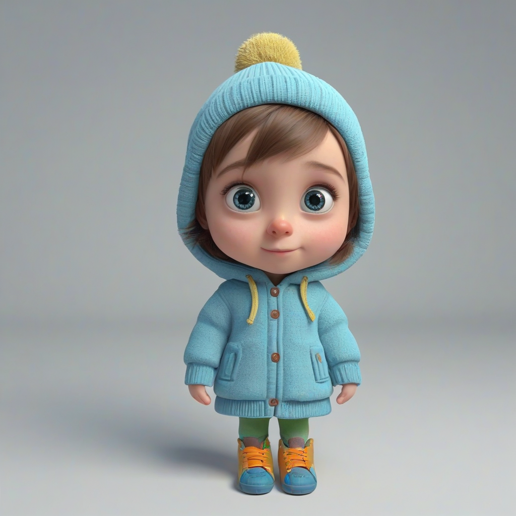 3d cartoon animation, cute kid dressed in winter clothes, big eyes, rounded features, short body, tiny nose, tiny feet, vivid colors, wide angle shot, feet visible, on a plain white background, even lighting